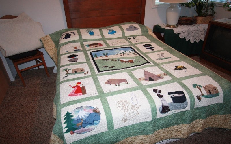 A green bed quilt containing white squares of various images, including a bison, mountain landscape, house, tent, and more.