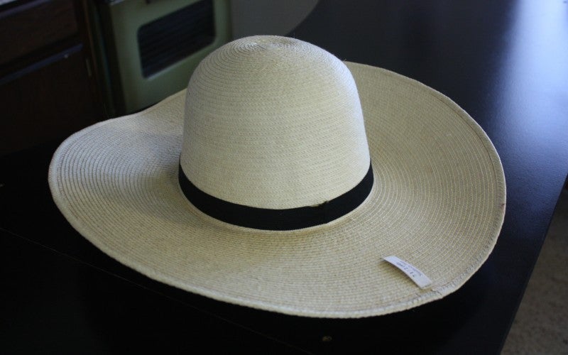 A light tan cowboy hat with a black band.