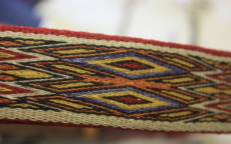 A multicolored horse lead with a geometric pattern.