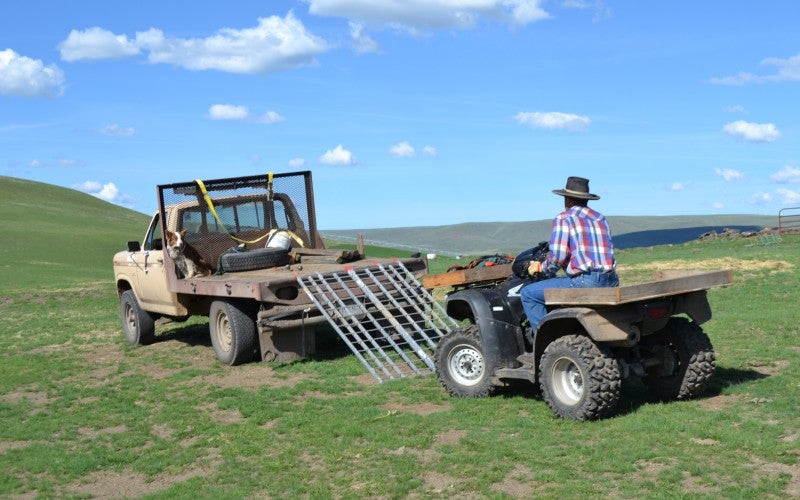 Pat Dougherty drives a quad toward a work truck with a metal ramp