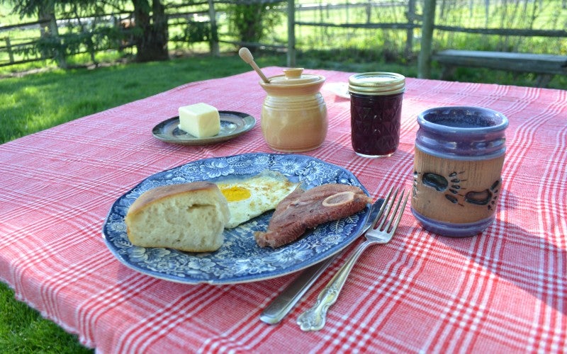 An outdoor table set with a red plaid blanket with a plate of food and various jars.