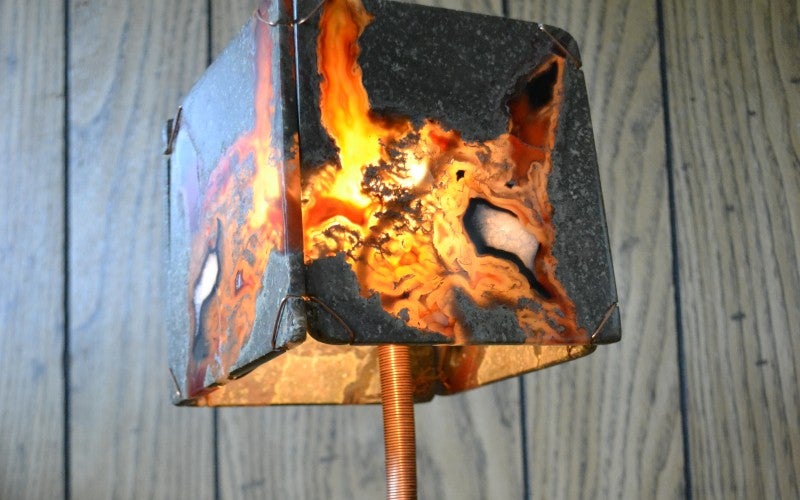 A lamp made from thunder egg rock slabs.