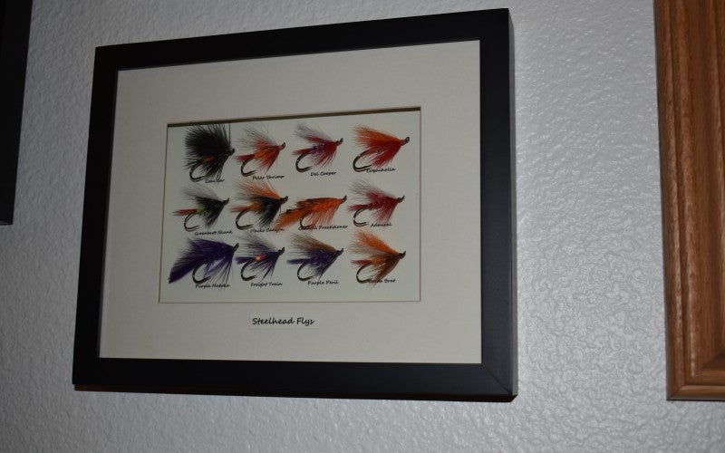 A framed image of 12 red, orange, and purple fly fish hooks.