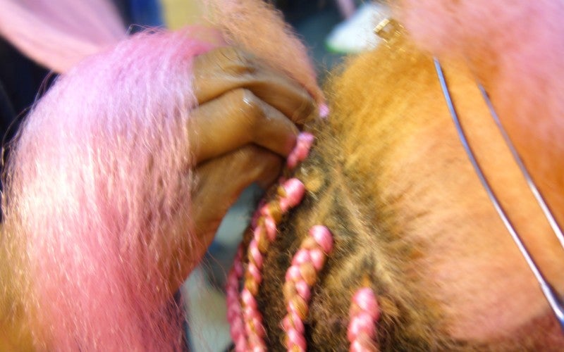 Secret Bryant braiding with pink extensions