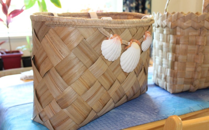 Woven rectangular bag with handles and three large seashells decorating the center front of the bag..