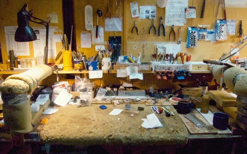 Kent's guitar repair workbench containing various tools.