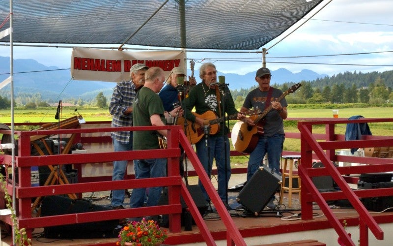 The five members of the Brownsmead Flats perform on a red wooden painted stage with an awning.
