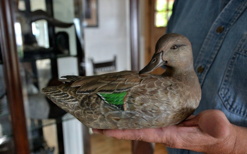 Rick Pass holds a brown female duck decoy