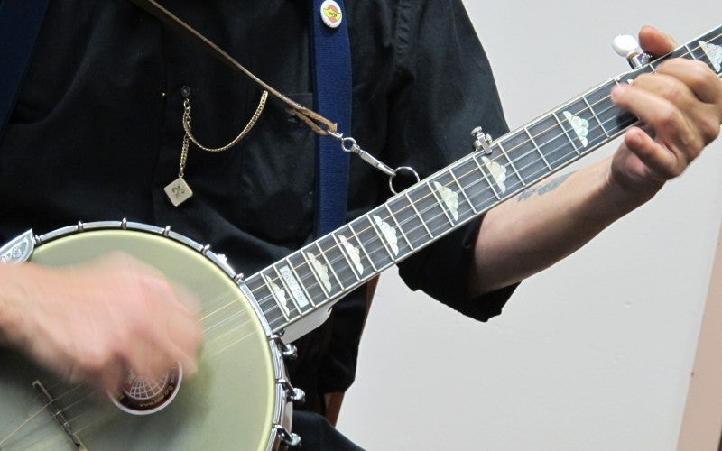 Close-up of Ross's banjo