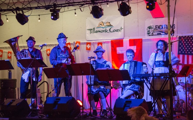 The Polkatones, an Oregon-based Swiss Polka band, play at the Tillamook Swiss Society's Centennial Celebration in 2022. Image by Greg Kozawa, for the Tillamook Coast Visitor's Association.