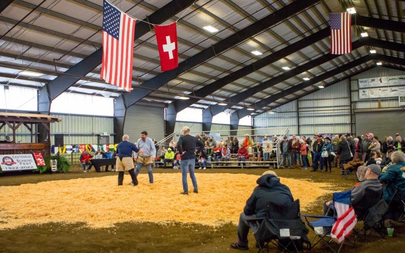 Wrestlers compete in Schwingen, a type of Swiss folk wrestling dating back hundreds of years. Image by Greg Kozawa, for the Tillamook Coast Visitor's Association