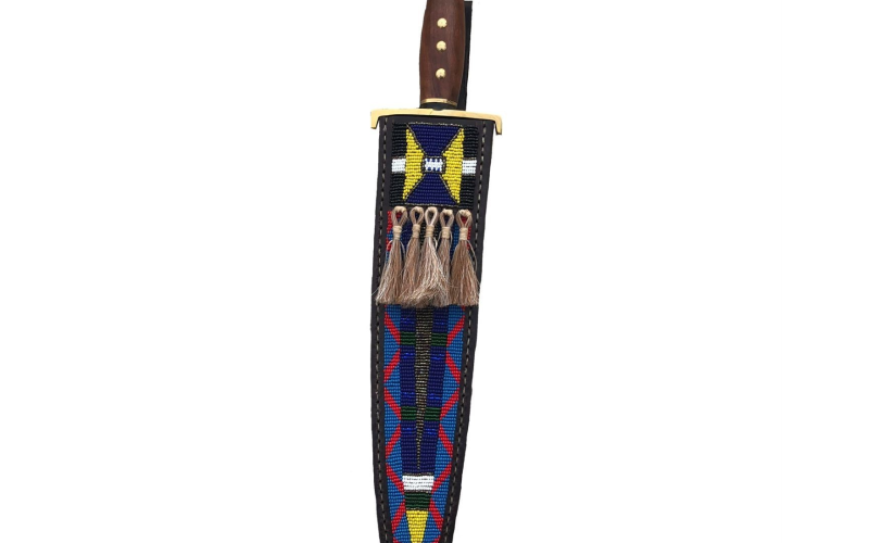 Plateau Knife and Sheath, "toothpick style", knife sheath is fully beaded and has horse hair attached.