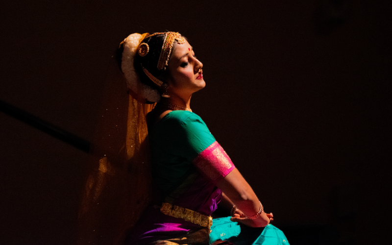 Prekshita dressed in multi-color traditional clothes.
