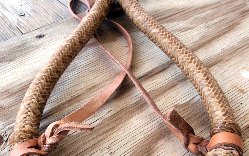 A tan rawhide braided rope.