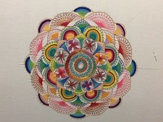 multi-colored and intricately woven design on a white background. The design is in the shape of a flower.