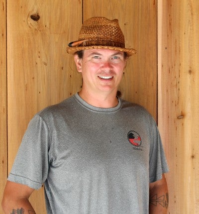 Brian Krehbiel stands and poses against a wood wall. He wears a gray shirt and a brown straw hat.