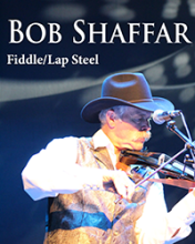 Bob Shaffar stands in front of a microphone playing a fiddle. He wears a white long sleeved button up shirt, a tan vest, and a brown cowboy hat. At the top of the image it says "Bob Shaffar" and "Fiddle/Lap Steel."
